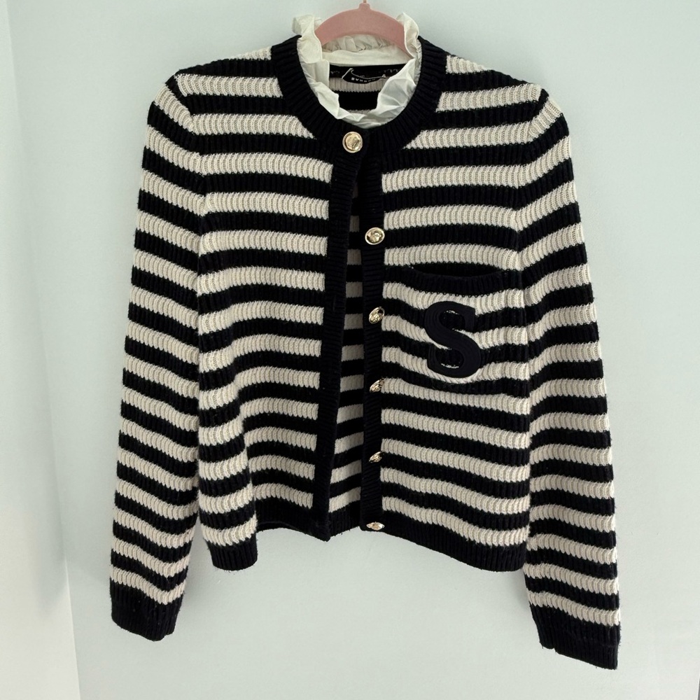 Sandro Black and White Striped woolen Cardigan